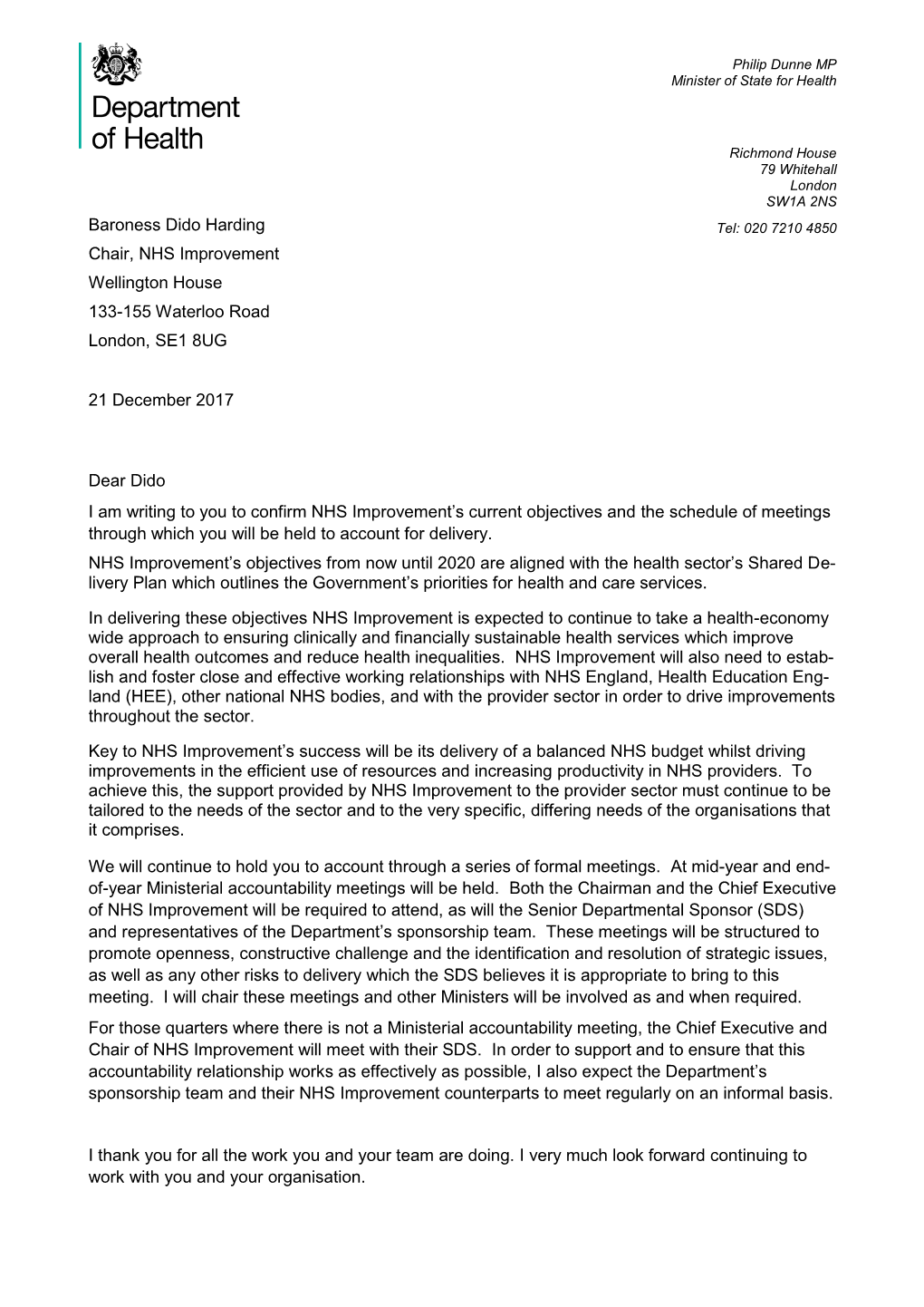 Dear Dido I Am Writing to You to Confirm NHS Improvement's Current Objectives and the Schedule of Meetings Through Which You W