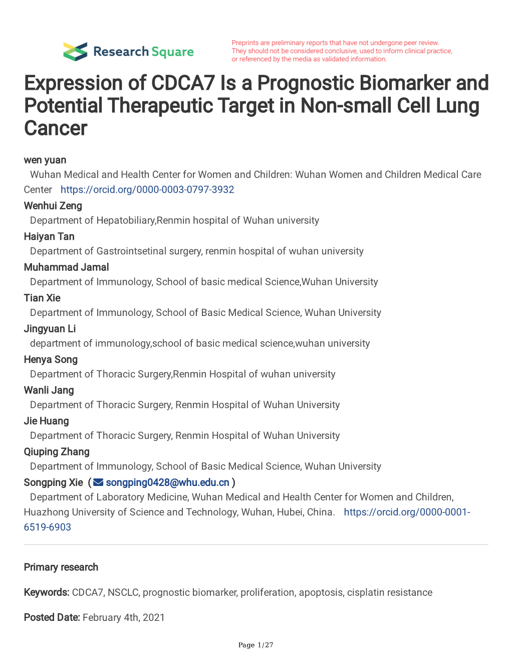 Expression of CDCA7 Is a Prognostic Biomarker and Potential Therapeutic Target in Non-Small Cell Lung Cancer