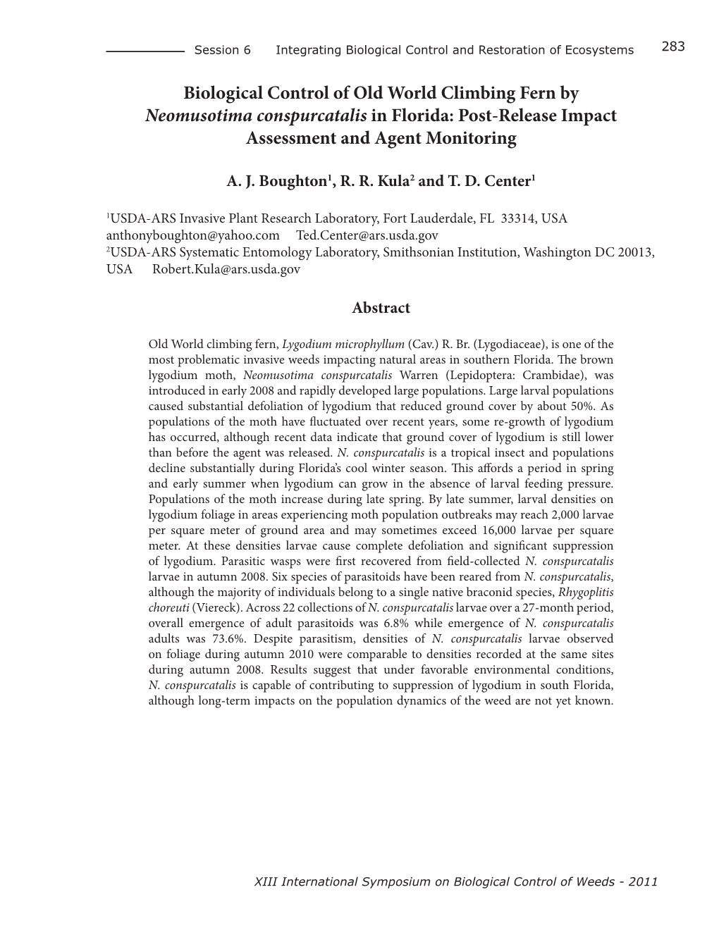 Biological Control of Old World Climbing Fern by Neomusotima Conspurcatalis in Florida: Post-Release Impact Assessment and Agent Monitoring