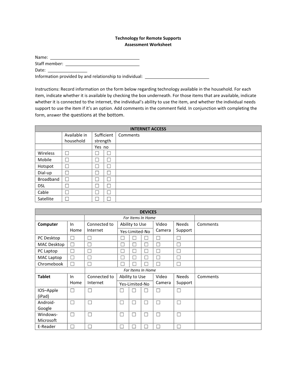 Technology for Remote Supports Assessment Worksheet