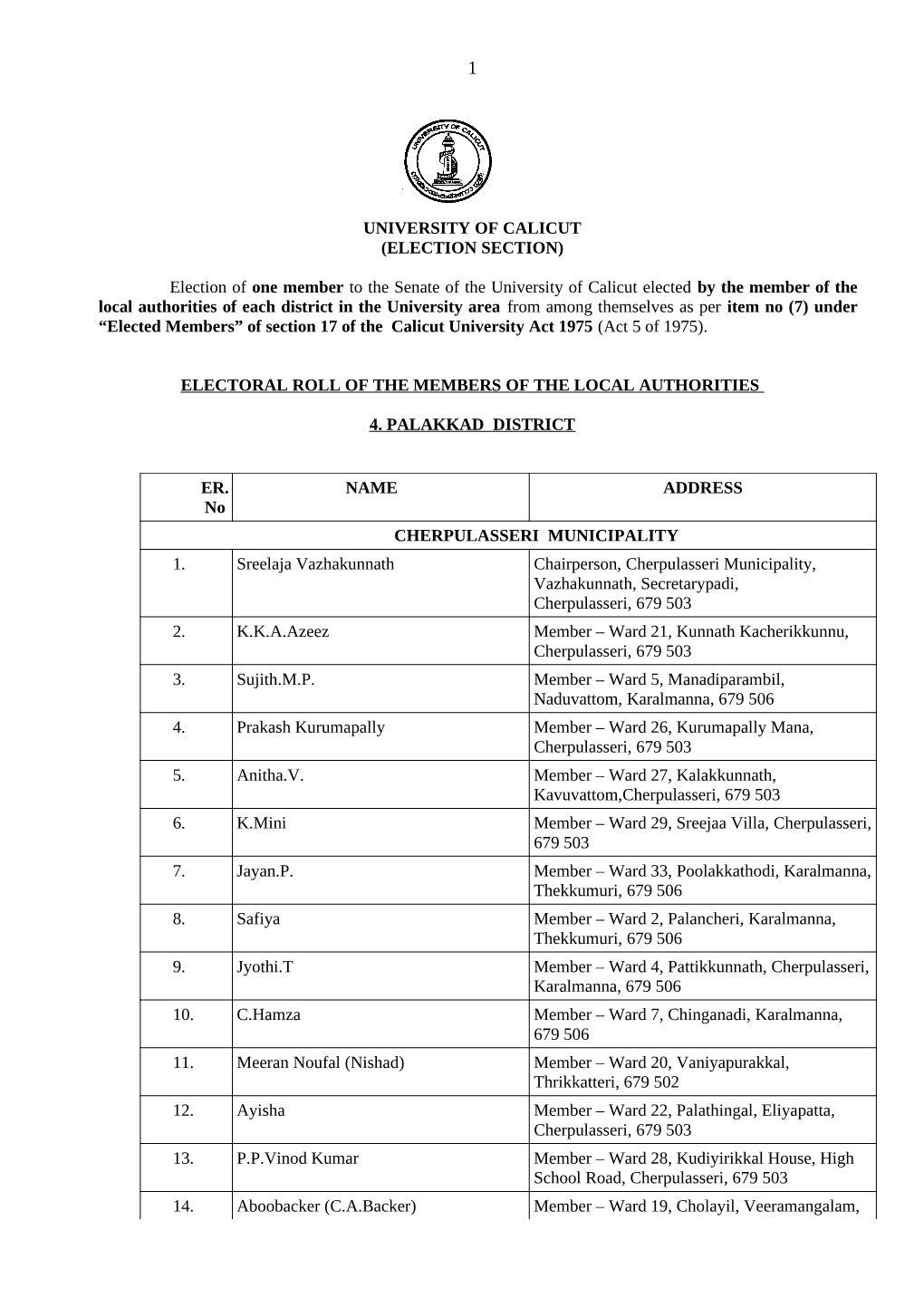 1 P UNIVERSITY of CALICUT (ELECTION SECTION)