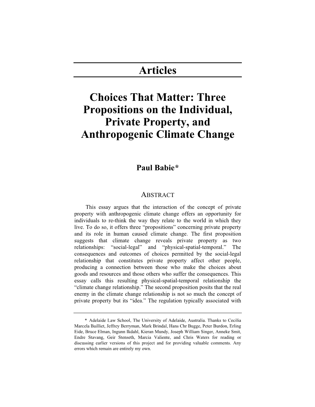 Three Propositions on the Individual, Private Property, and Anthropogenic Climate Change