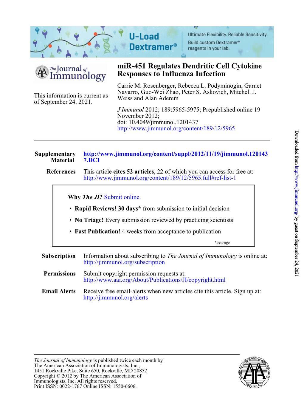 Responses to Influenza Infection Mir-451 Regulates Dendritic Cell