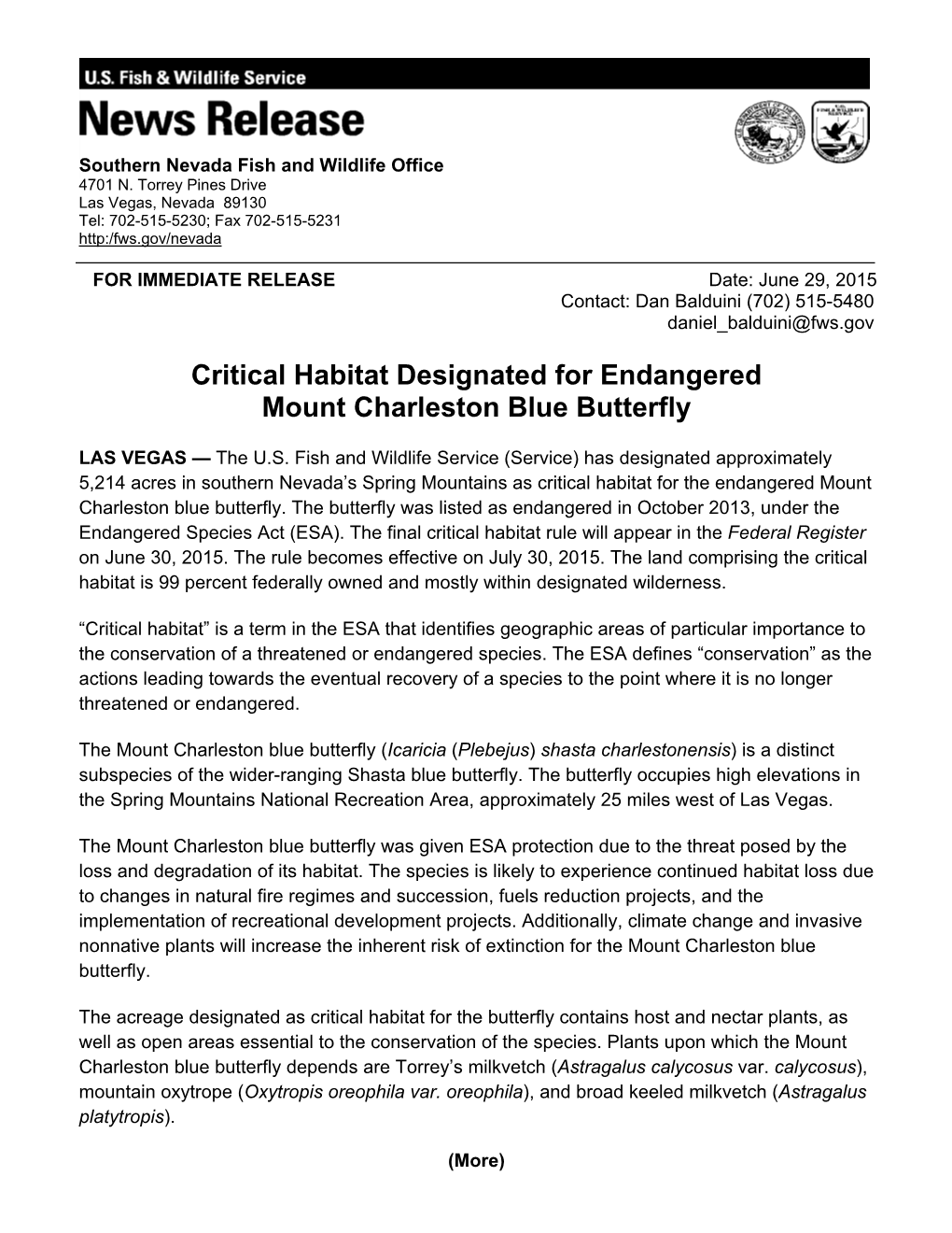 Critical Habitat Designated for Endangered Mount Charleston Blue Butterfly