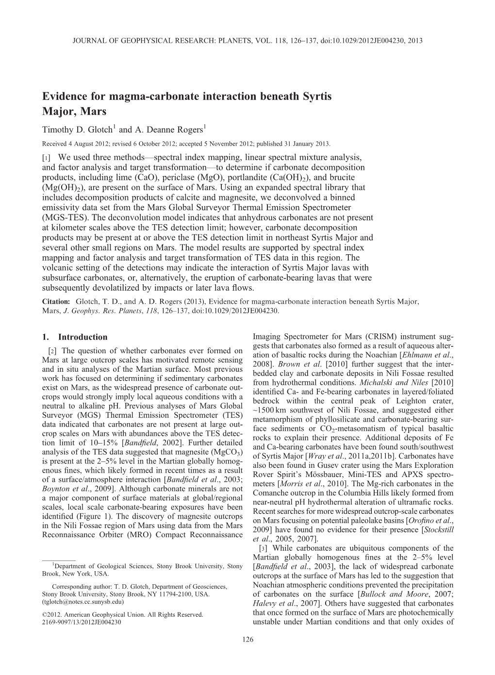 Evidence for Magma-Carbonate Interaction Beneath Syrtis Major, Mars Timothy D