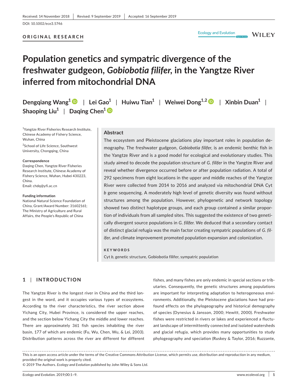 Population Genetics and Sympatric Divergence of the Freshwater Gudgeon, Gobiobotia Filifer, in the Yangtze River Inferred from Mitochondrial DNA