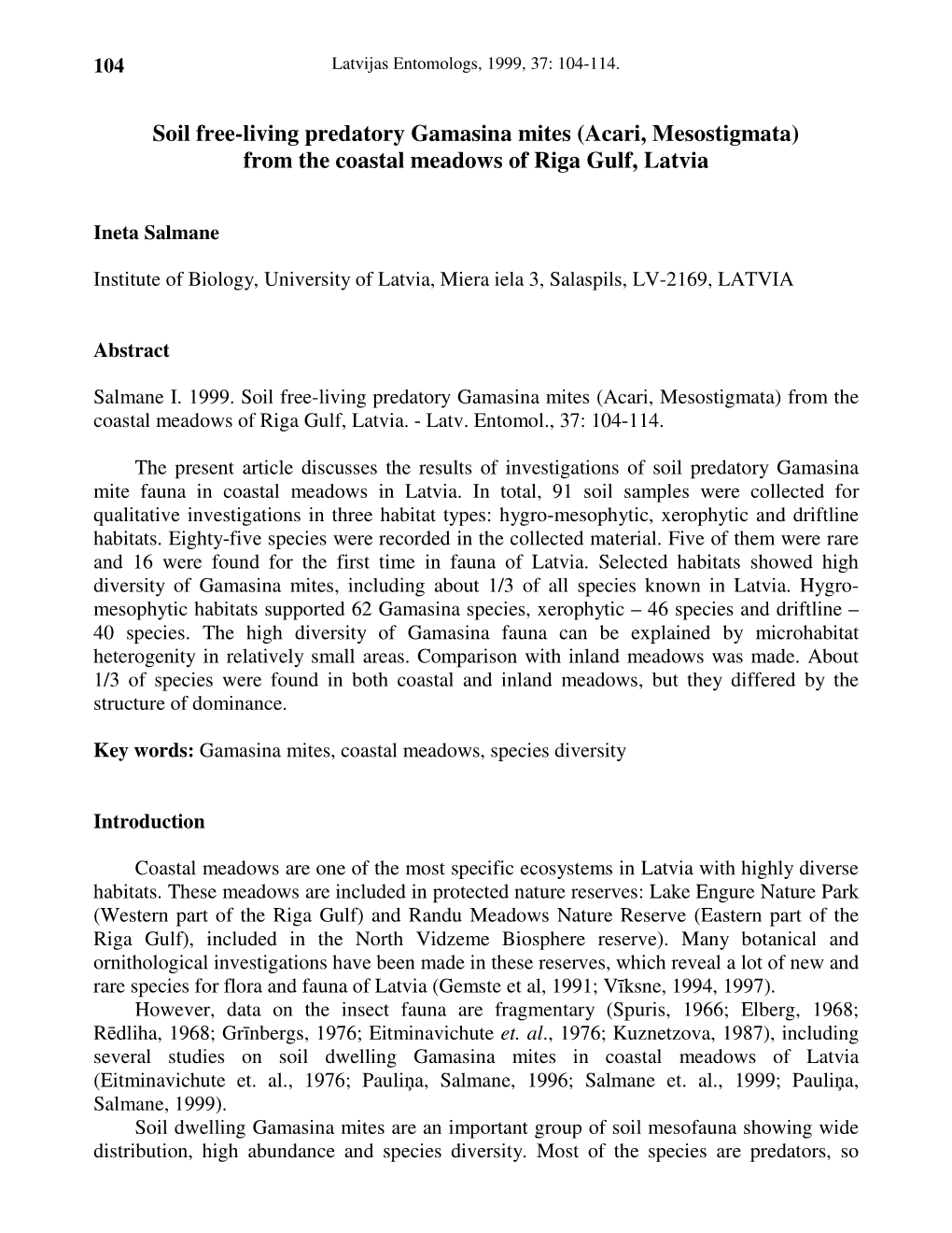 Soil Free-Living Predatory Gamasina Mites (Acari, Mesostigmata) from the Coastal Meadows of Riga Gulf, Latvia