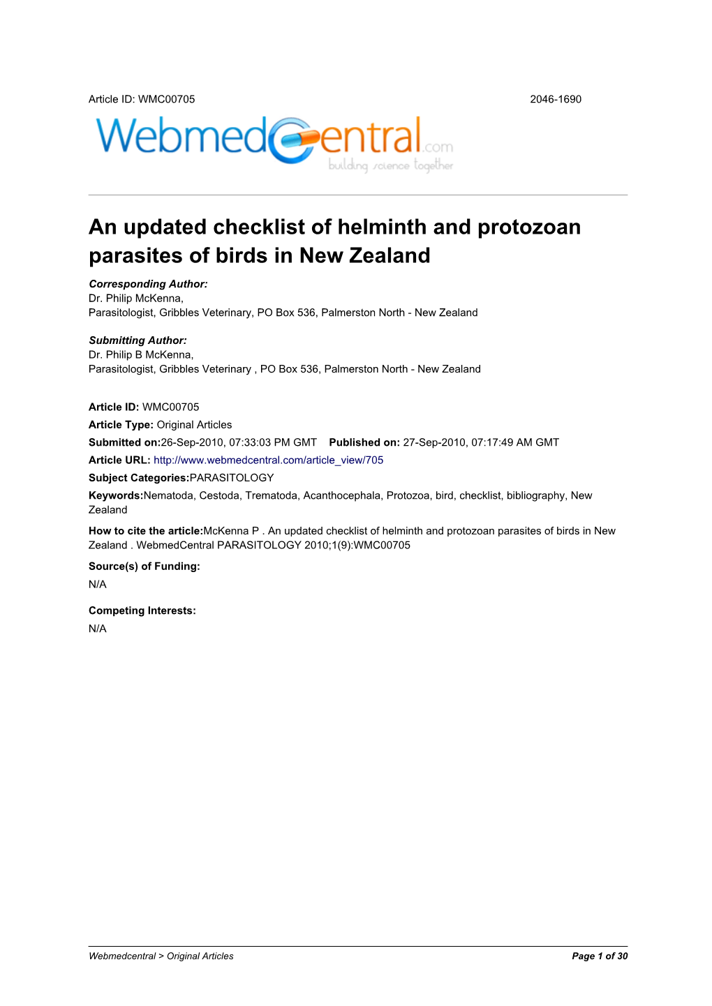 An Updated Checklist of Helminth and Protozoan Parasites of Birds in New Zealand