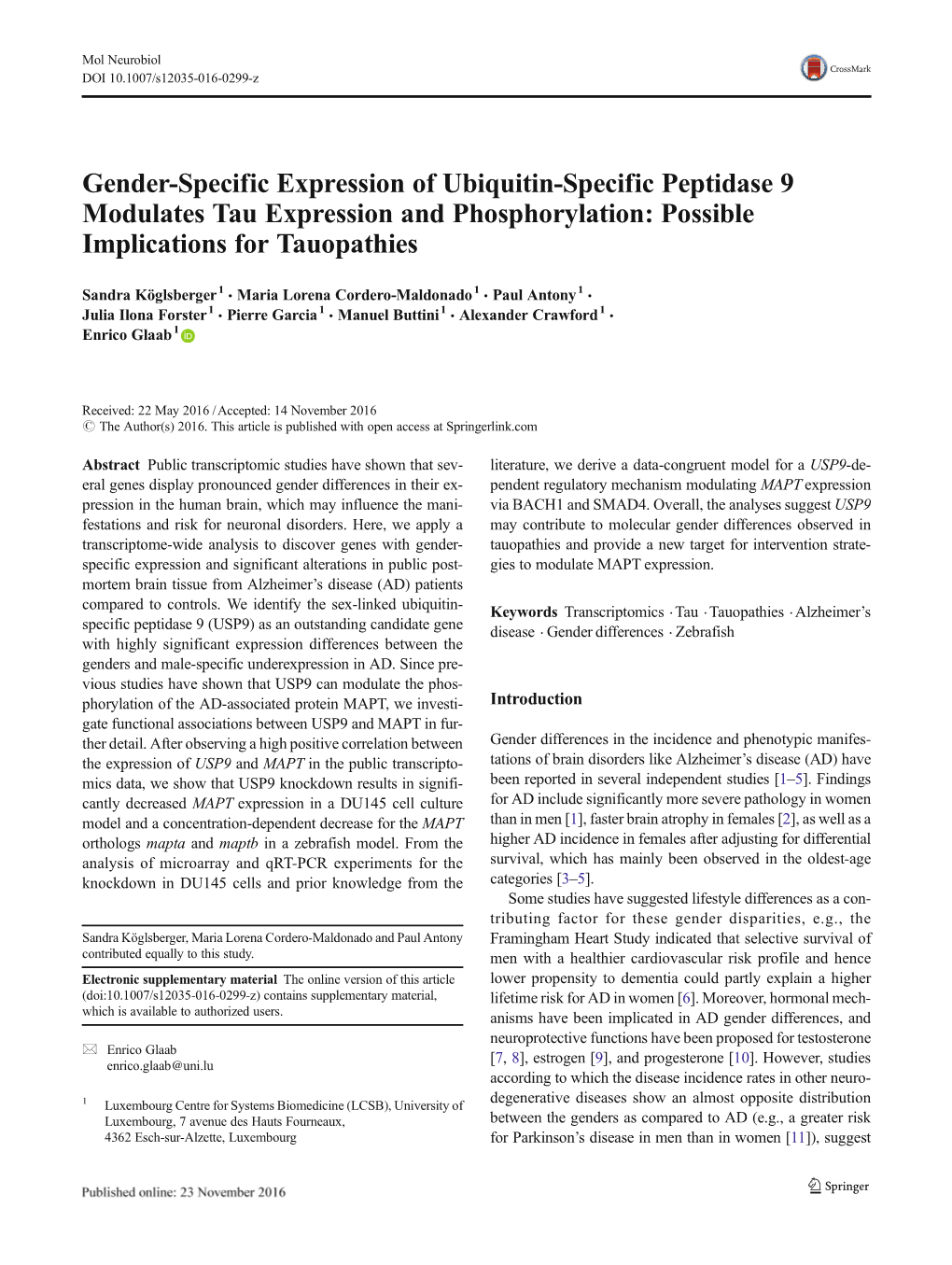 Gender-Specific Expression of Ubiquitin-Specific Peptidase 9 Modulates Tau Expression and Phosphorylation: Possible Implications for Tauopathies