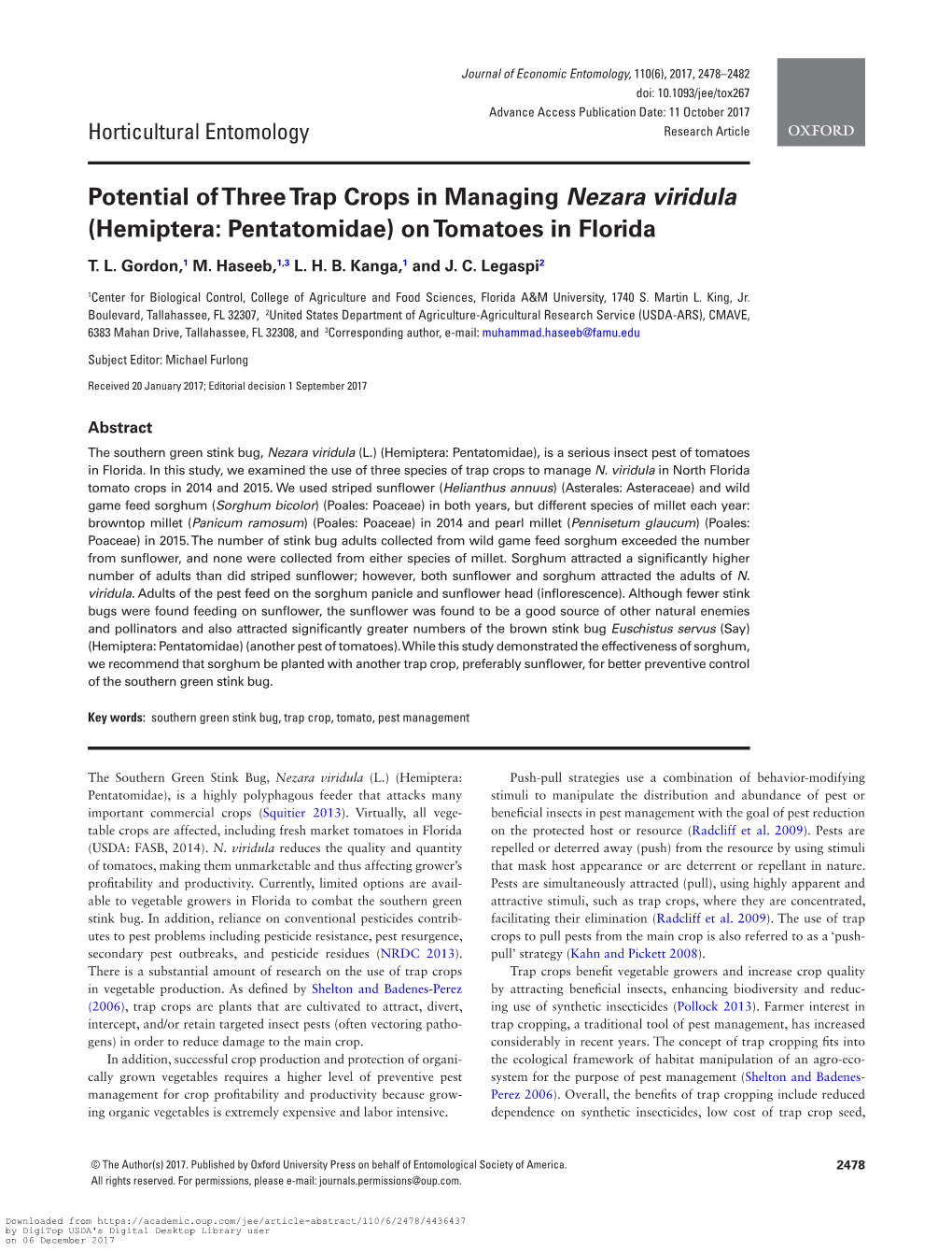 Potential of Three Trap Crops in Managing Nezara Viridula (Hemiptera: Pentatomidae) on Tomatoes in Florida