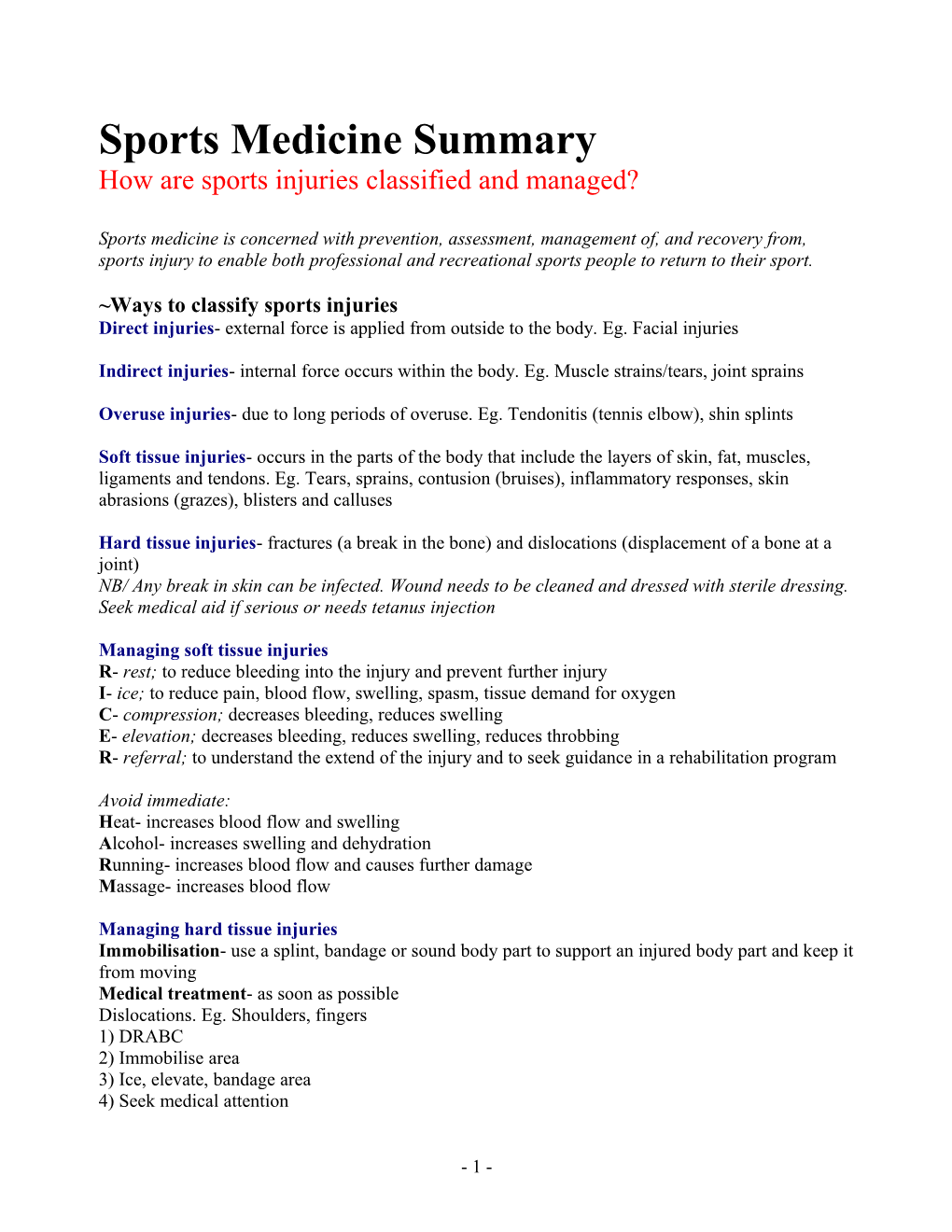 Sports Medicine Summary