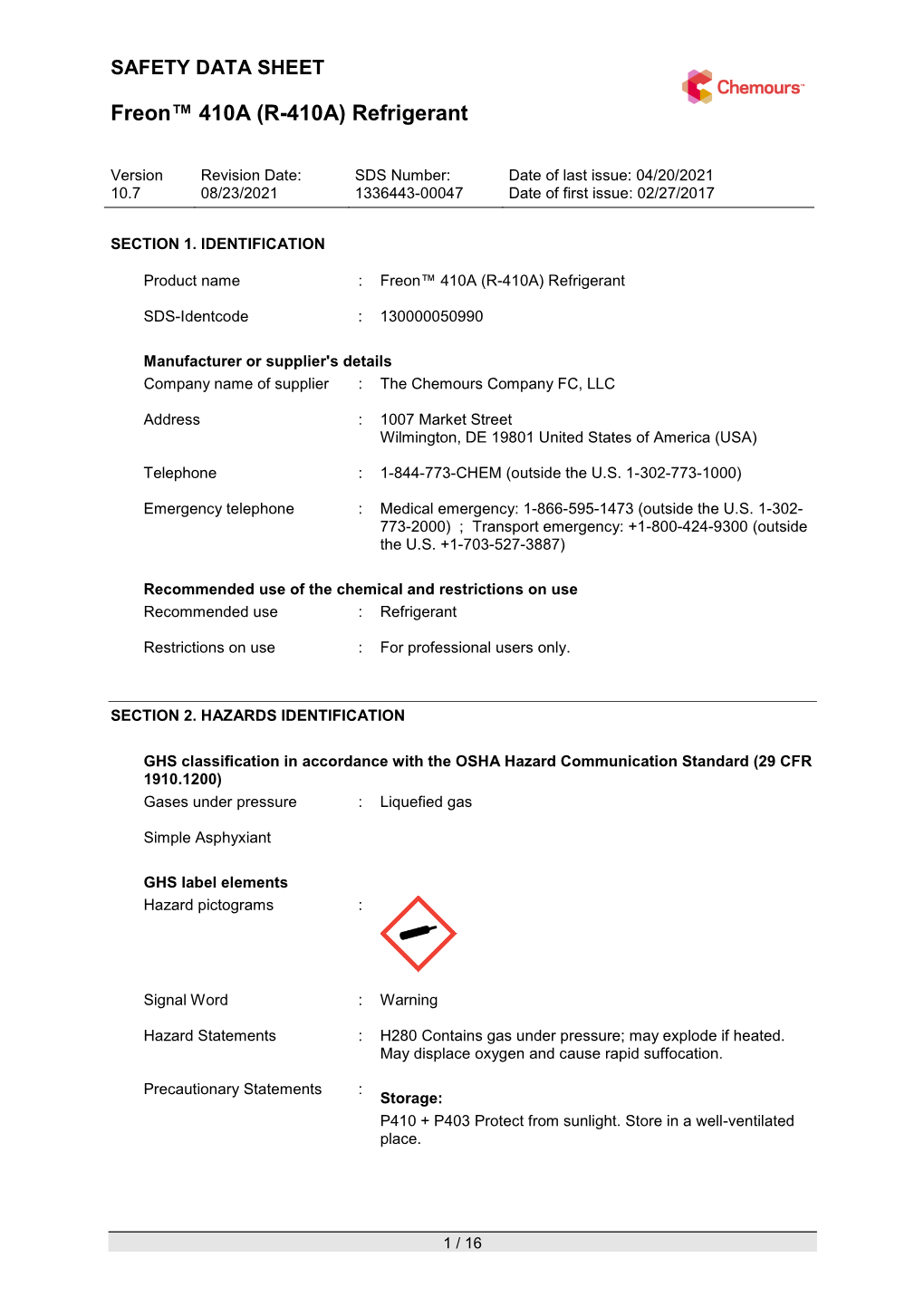 Freon™ 410A (R-410A) Refrigerant