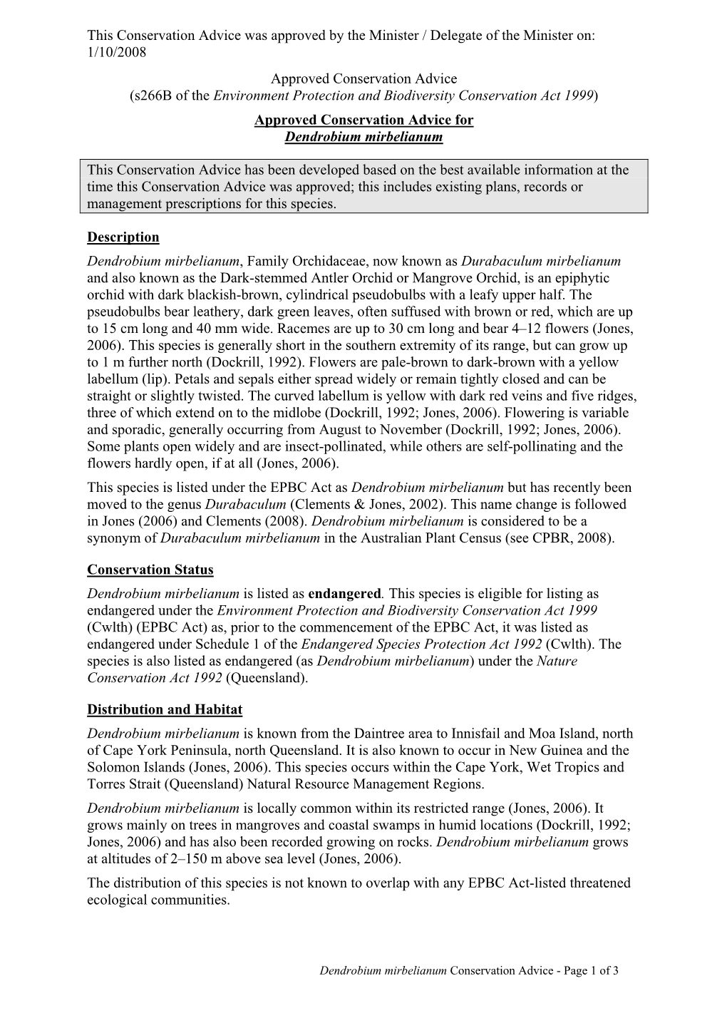 Approved Conservation Advice for Dendrobium Mirbelianum