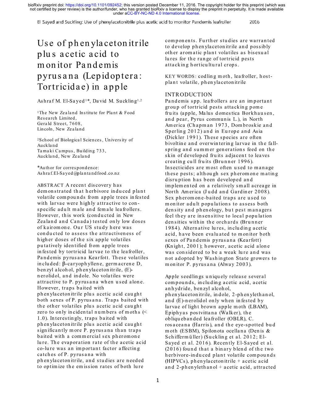 Use of Phenylacetonitrile Plus Acetic Acid to Monitor Pandemis Pyrusana