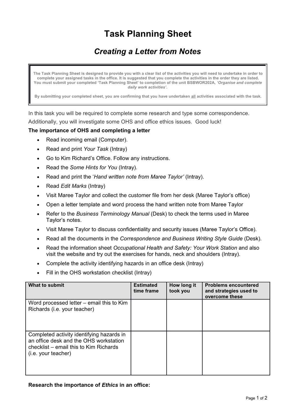 Task Planning Sheet