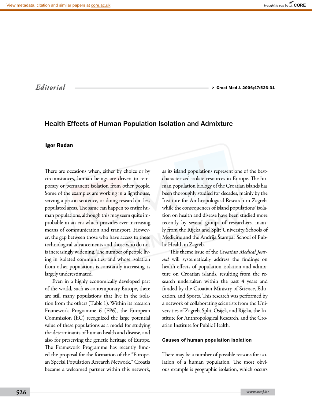 Health Effects of Human Population Isolation and Admixture Editorial