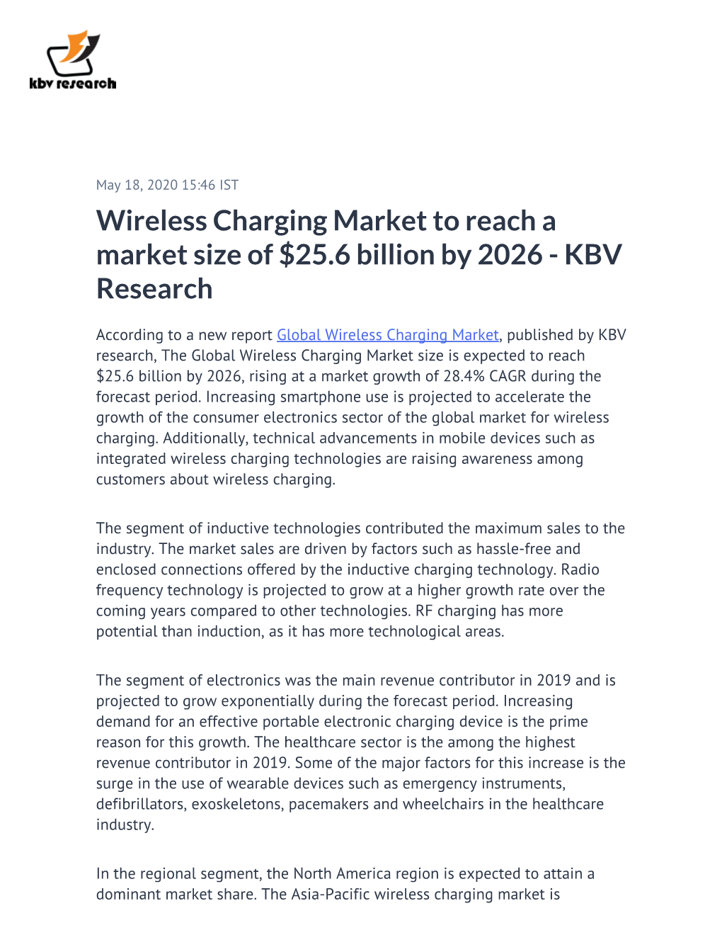 Wireless Charging Market to Reach a Market Size of $25.6 Billion by 2026 - KBV Research