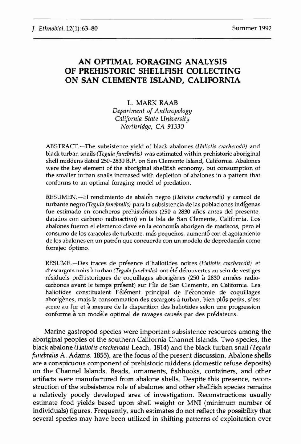 An Optimal Foraging Analysis of Prehistoric Shellfish Collecting on San Clemente Island, California