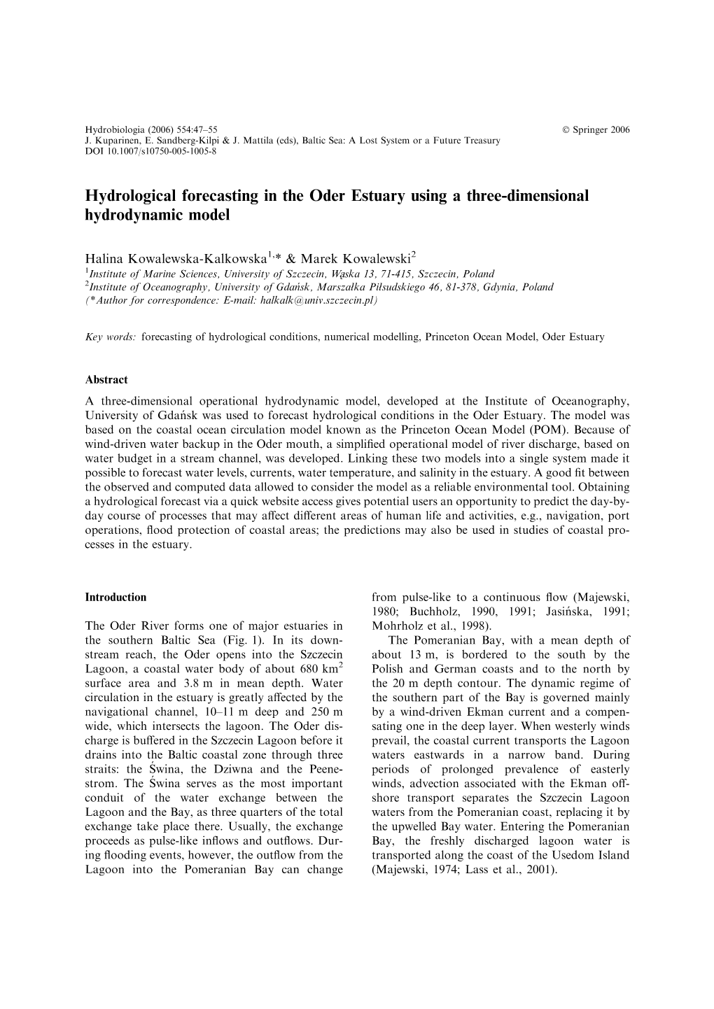 Hydrological Forecasting in the Oder Estuary Using a Three-Dimensional Hydrodynamic Model