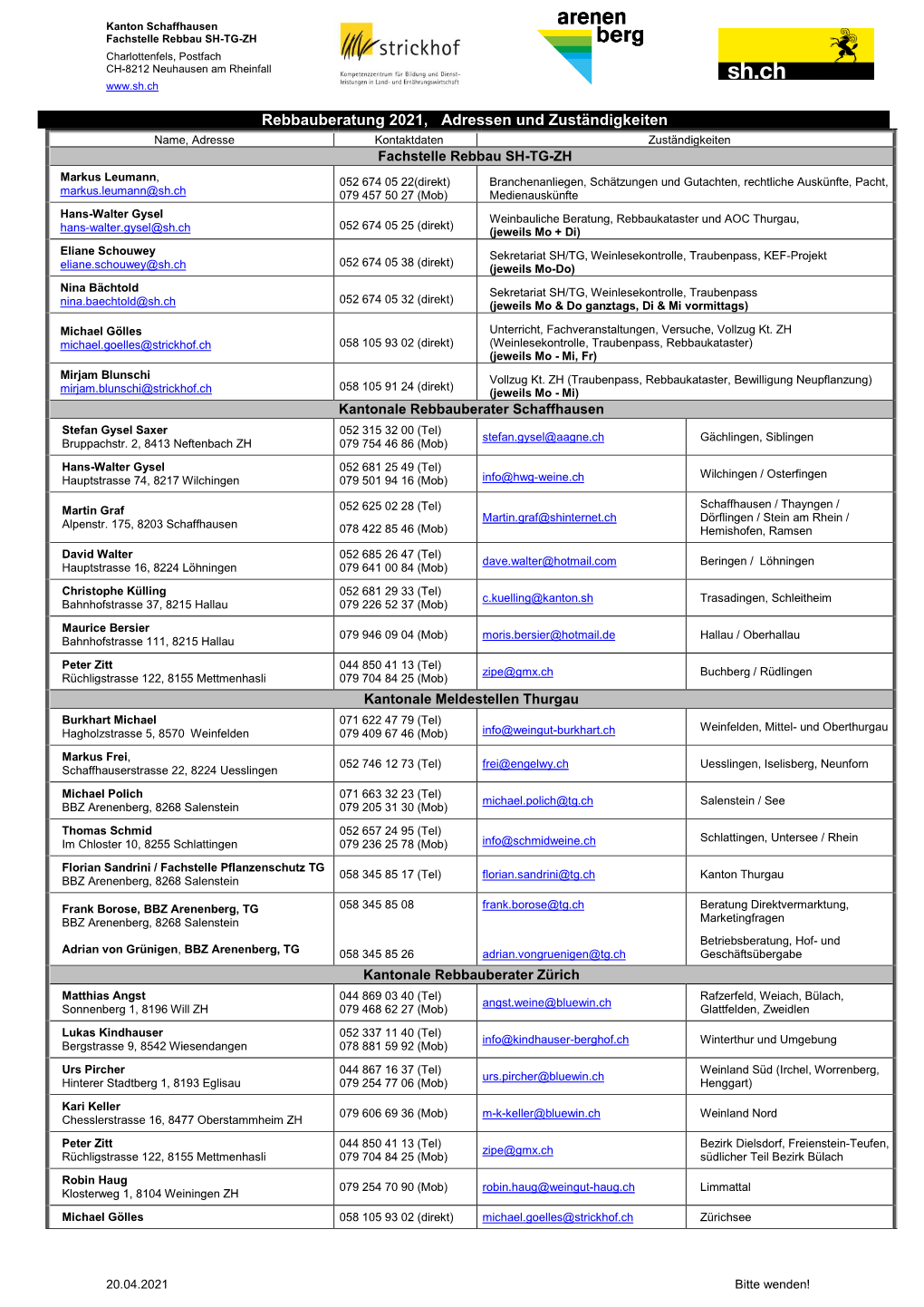 Rebbauberatung 2021, Adressen Und Zuständigkeiten Name, Adresse Kontaktdaten Zuständigkeiten Fachstelle Rebbau SH-TG-ZH