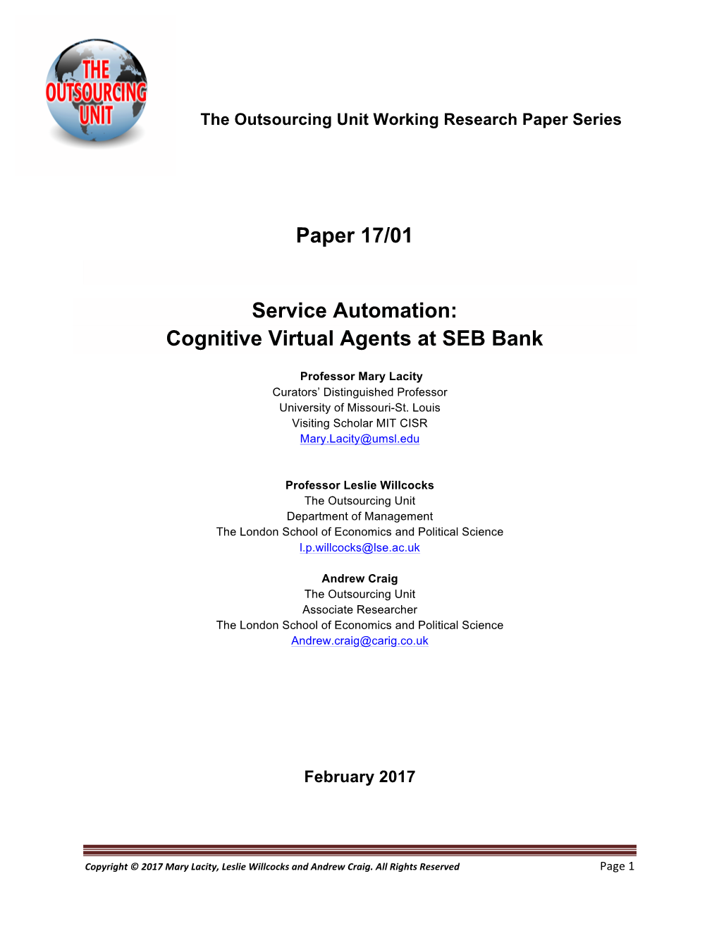 Paper 17/01 Service Automation: Cognitive Virtual Agents at SEB Bank