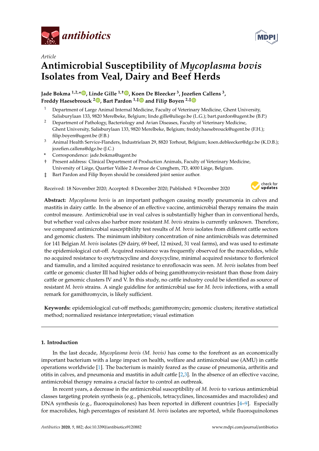 Antimicrobial Susceptibility of Mycoplasma Bovis Isolates from Veal, Dairy and Beef Herds