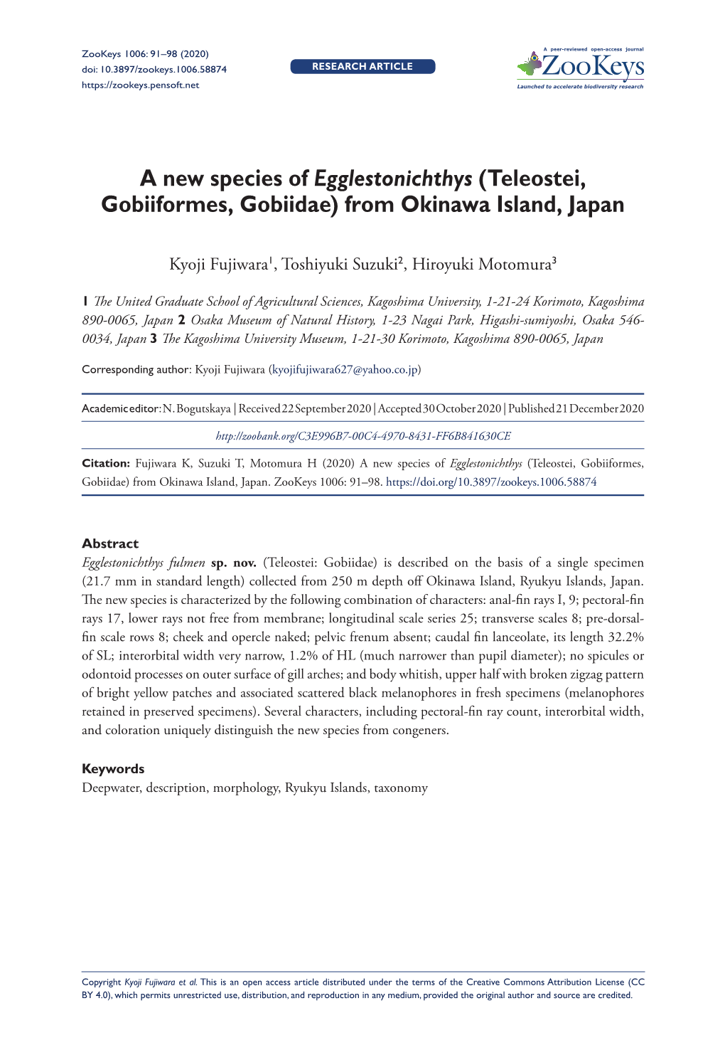 A New Species of Egglestonichthys (Teleostei, Gobiiformes, Gobiidae) from Okinawa Island, Japan