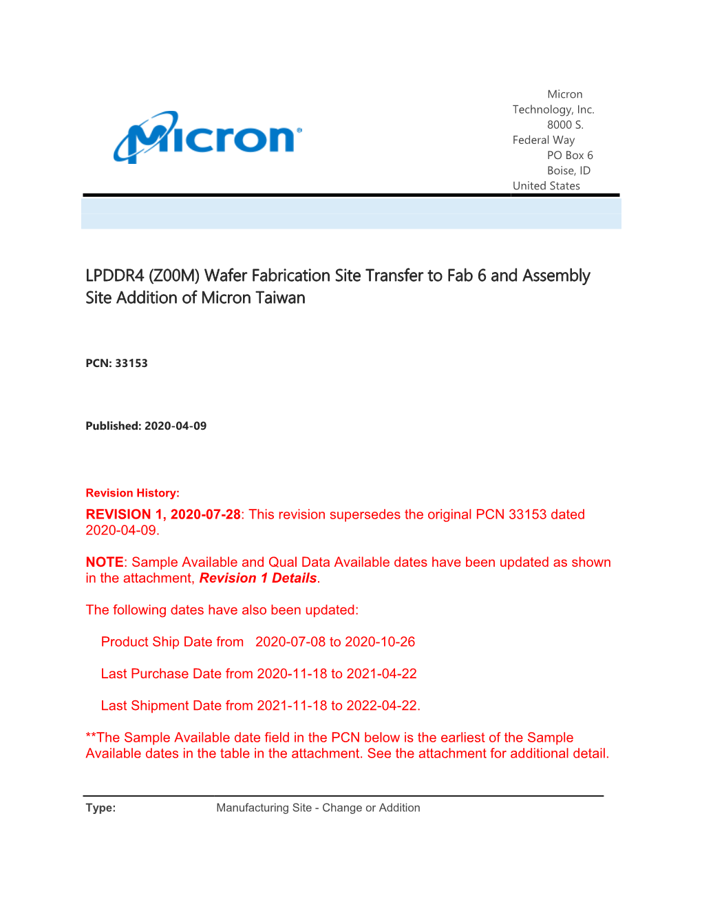 LPDDR4 (Z00M) Wafer Fabrication Site Transfer to Fab 6 and Assembly Site Addition of Micron Taiwan