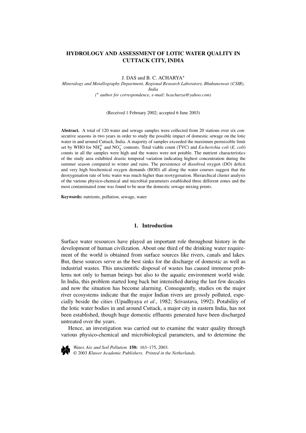 Hydrology and Assessment of Lotic Water Quality in Cuttack City, India