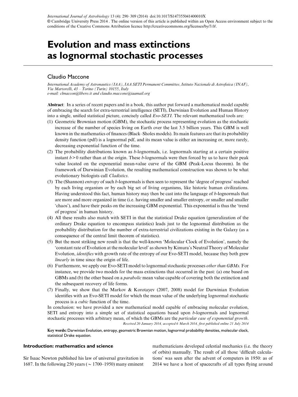 Evolution and Mass Extinctions As Lognormal Stochastic Processes