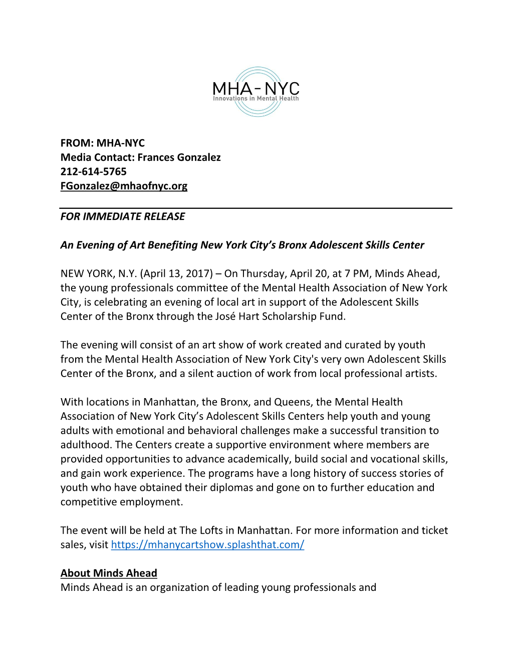 FROM: MHA-NYC Media Contact: Frances Gonzalez 212-614-5765 Fgonzalez@Mhaofnyc.Org