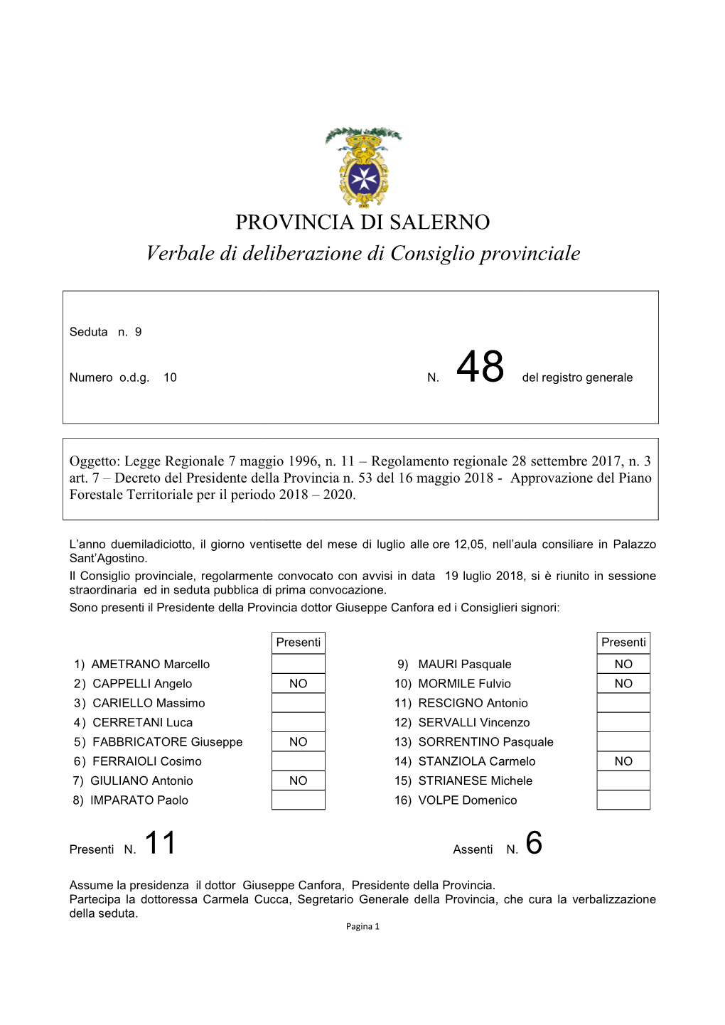 Proposta Di Deliberazione Di Consiglio Provinciale Data 26/06/2018 N