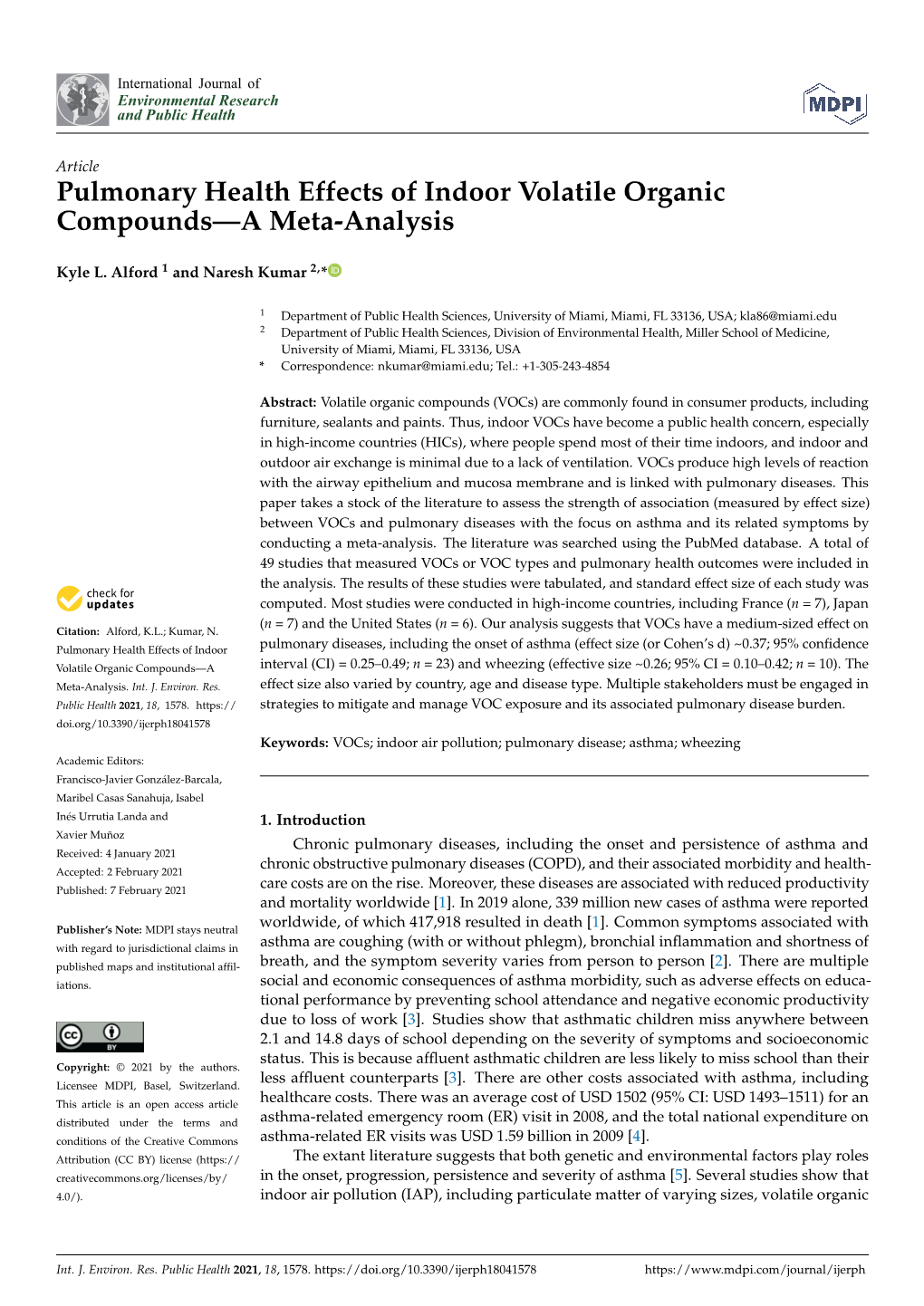 Pulmonary Health Effects of Indoor Volatile Organic Compounds—A Meta-Analysis