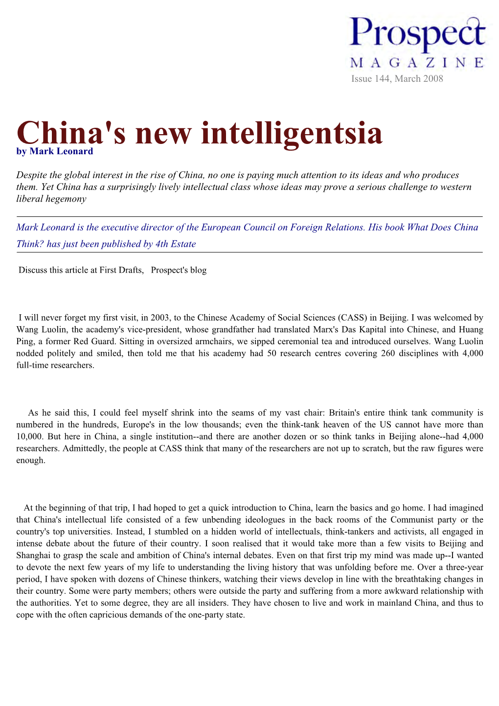 China's New Intelligentsia by Mark Leonard