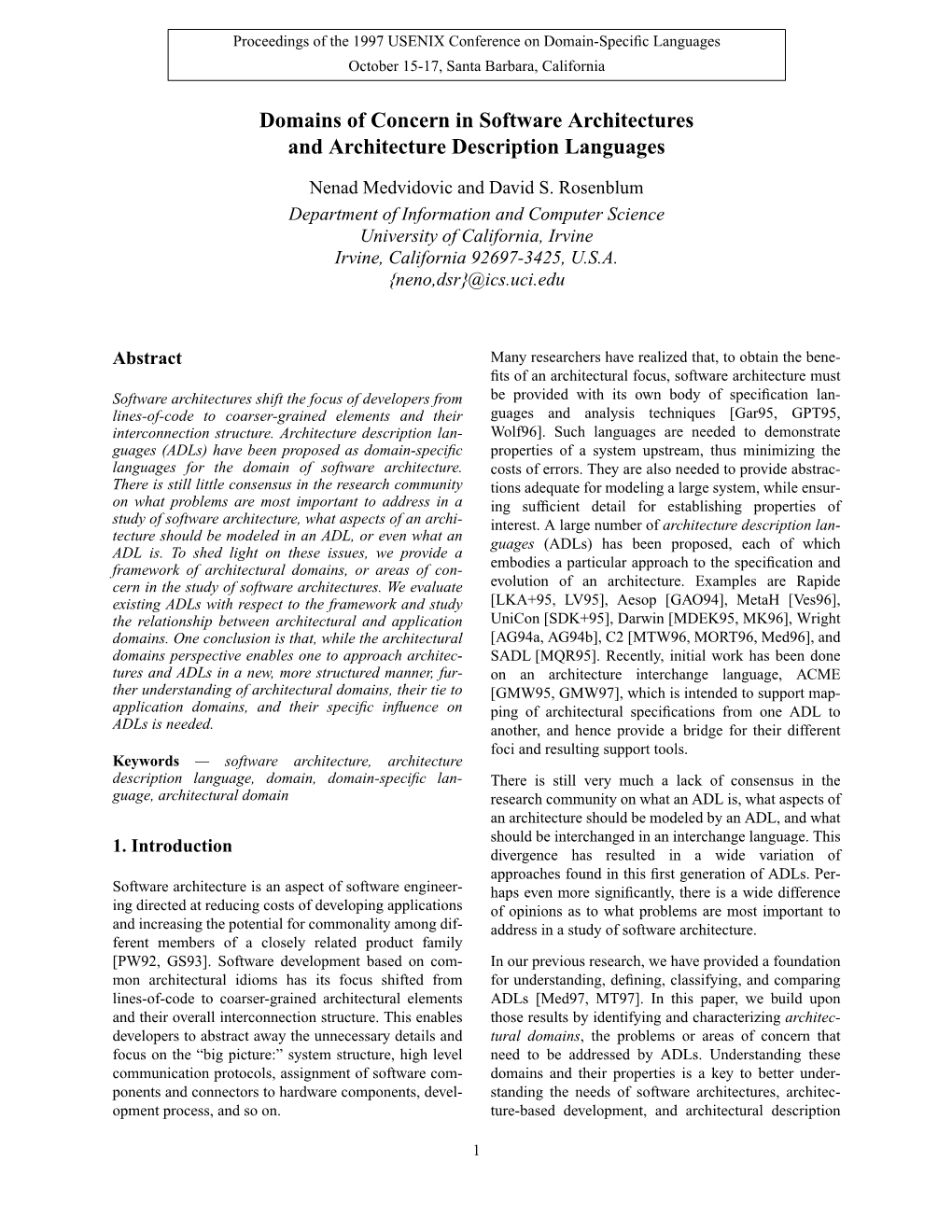 Domains of Concern in Software Architectures and Architecture Description Languages