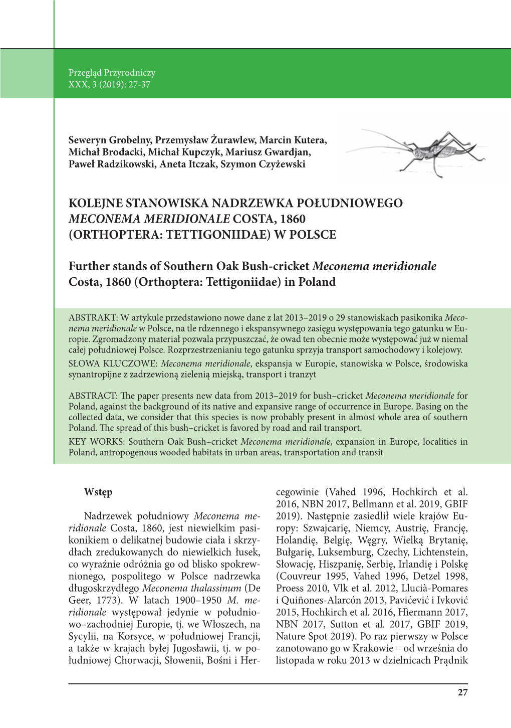 Kolejne Stanowiska Nadrzewka Południowego Meconema Meridionale Costa, 1860 (Orthoptera: Tettigoniidae) W Polsce