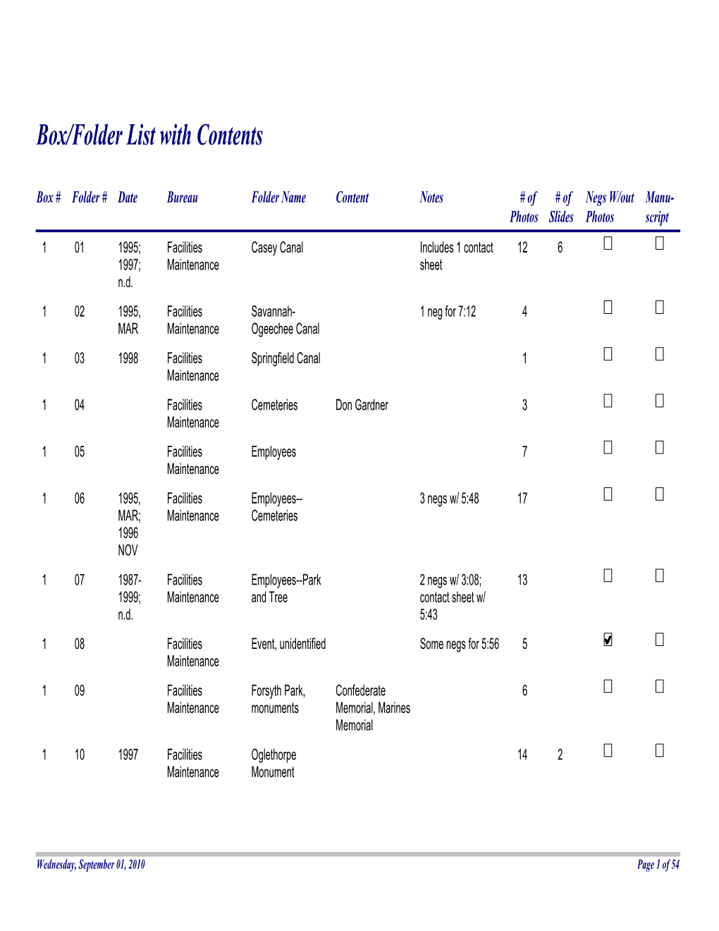 Box/Folder List with Contents