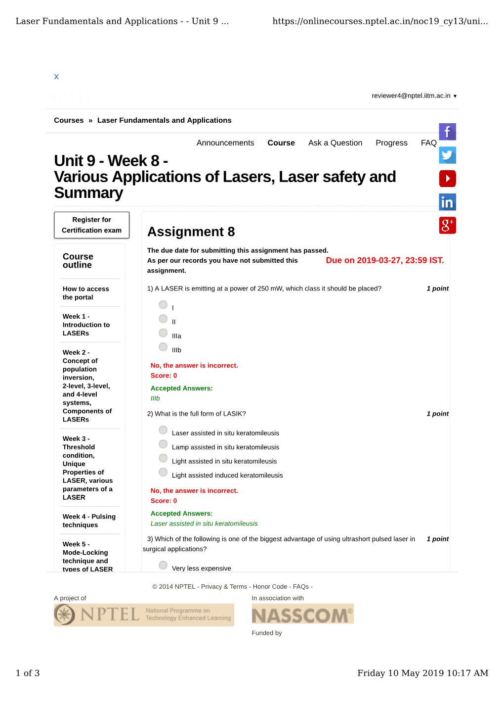 Week 8 - Various Applications of Lasers, Laser Safety and Summary