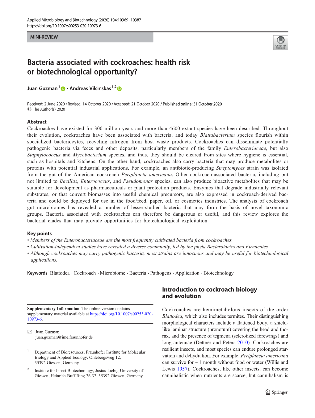 Bacteria Associated with Cockroaches: Health Risk Or Biotechnological Opportunity?