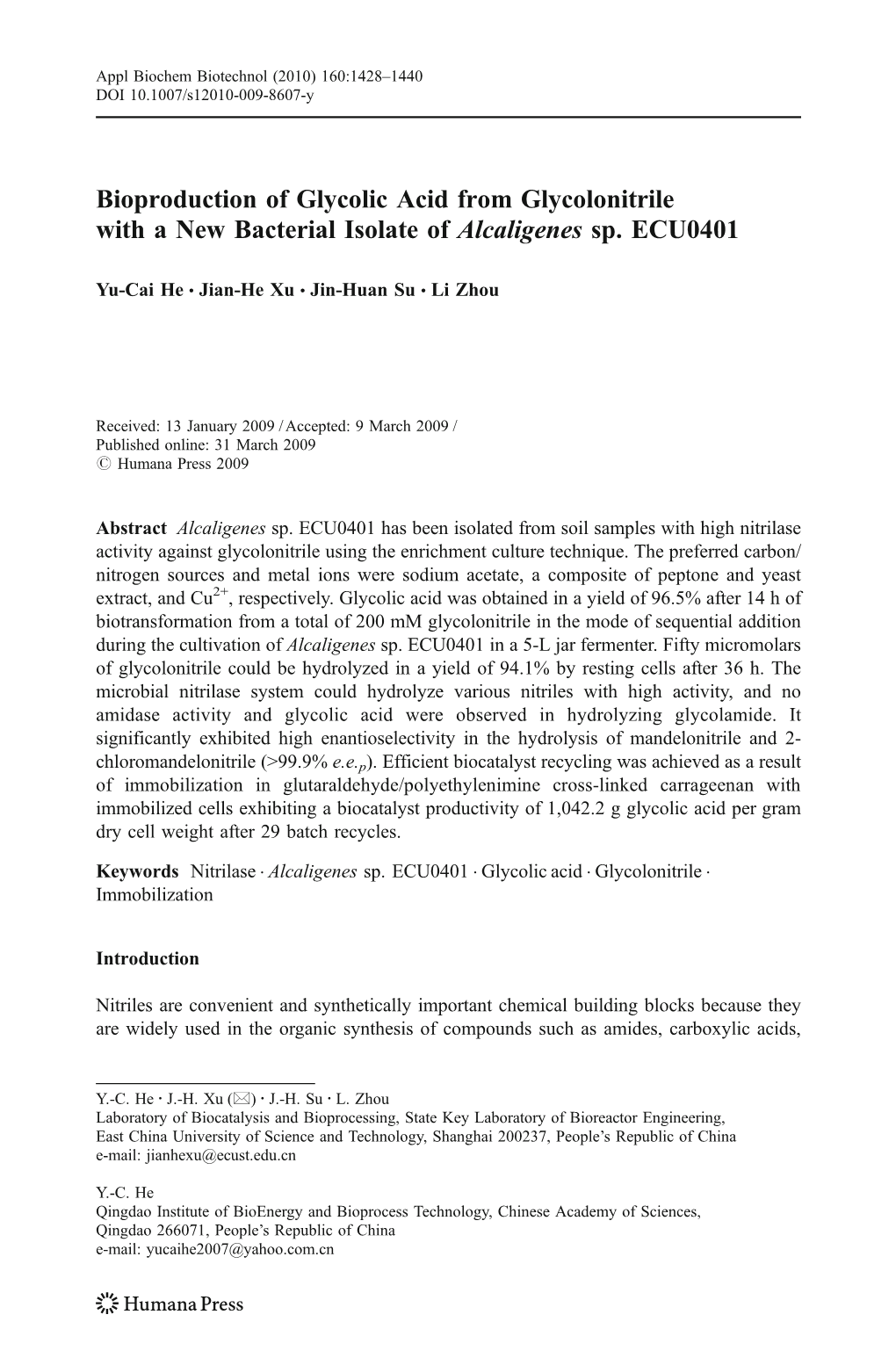 Bioproduction of Glycolic Acid from Glycolonitrile with a New Bacterial Isolate of Alcaligenes Sp