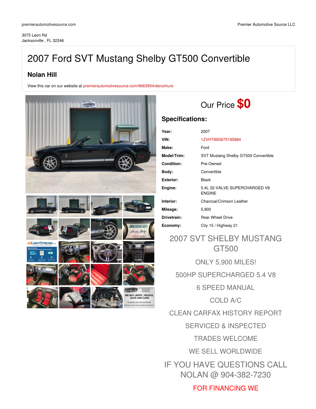 2007 Ford SVT Mustang Shelby GT500 Convertible | Jacksonville , FL