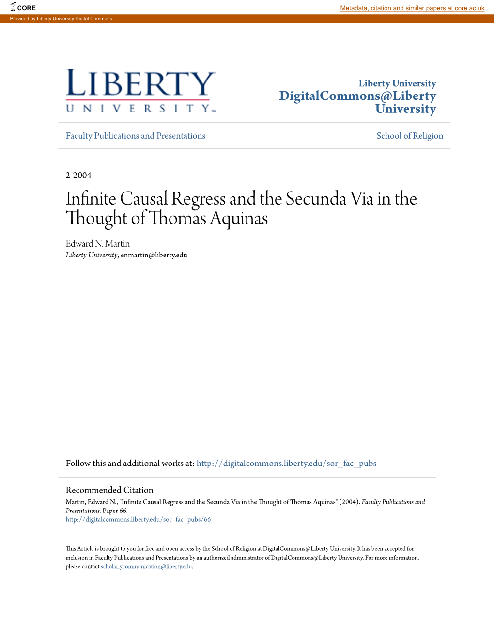 Infinite Causal Regress and the Secunda Via in the Thought of Thomas Aquinas Edward N