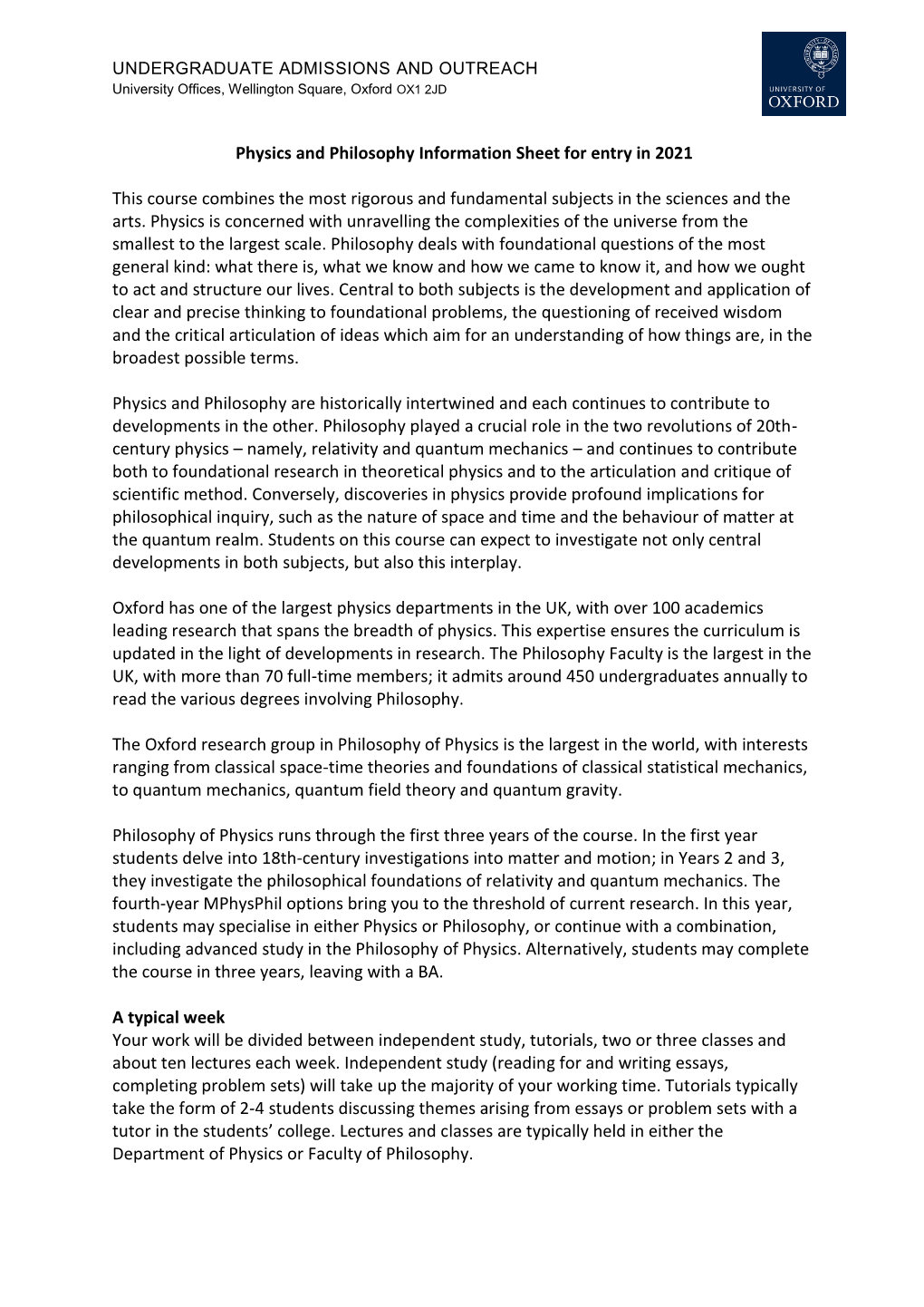 Physics and Philosophy Information Sheet for Entry in 2021