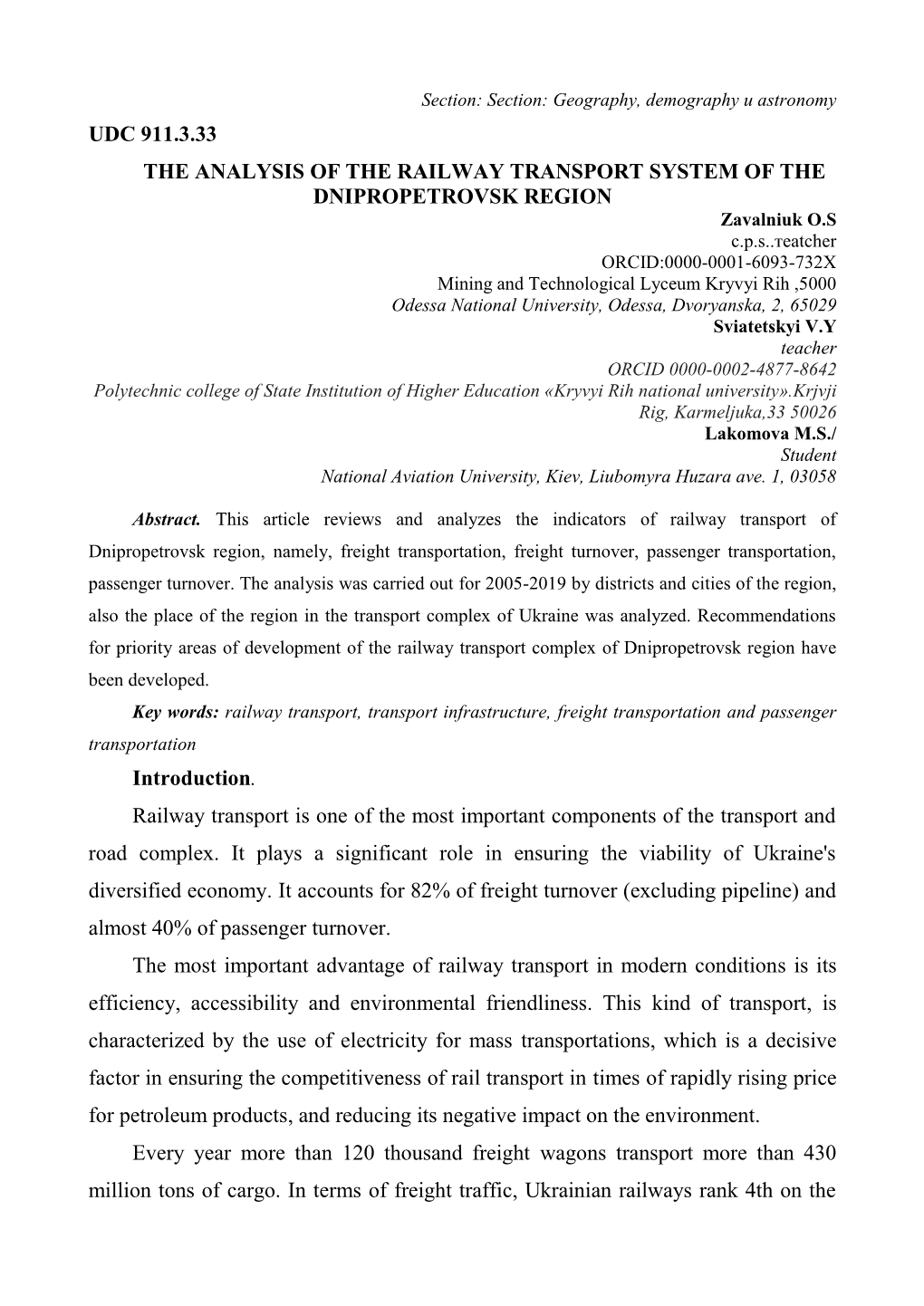 Udc 911.3.33 the Analysis of the Railway Transport