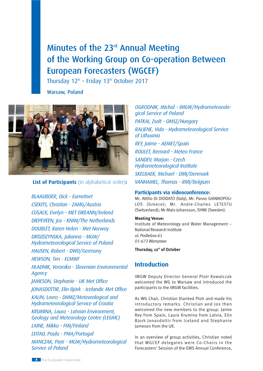 Minutes of the 23Rd Annual Meeting of the Working Group on Co-Operation Between European Forecasters (WGCEF) Thursday 12Th – Friday 13Th October 2017