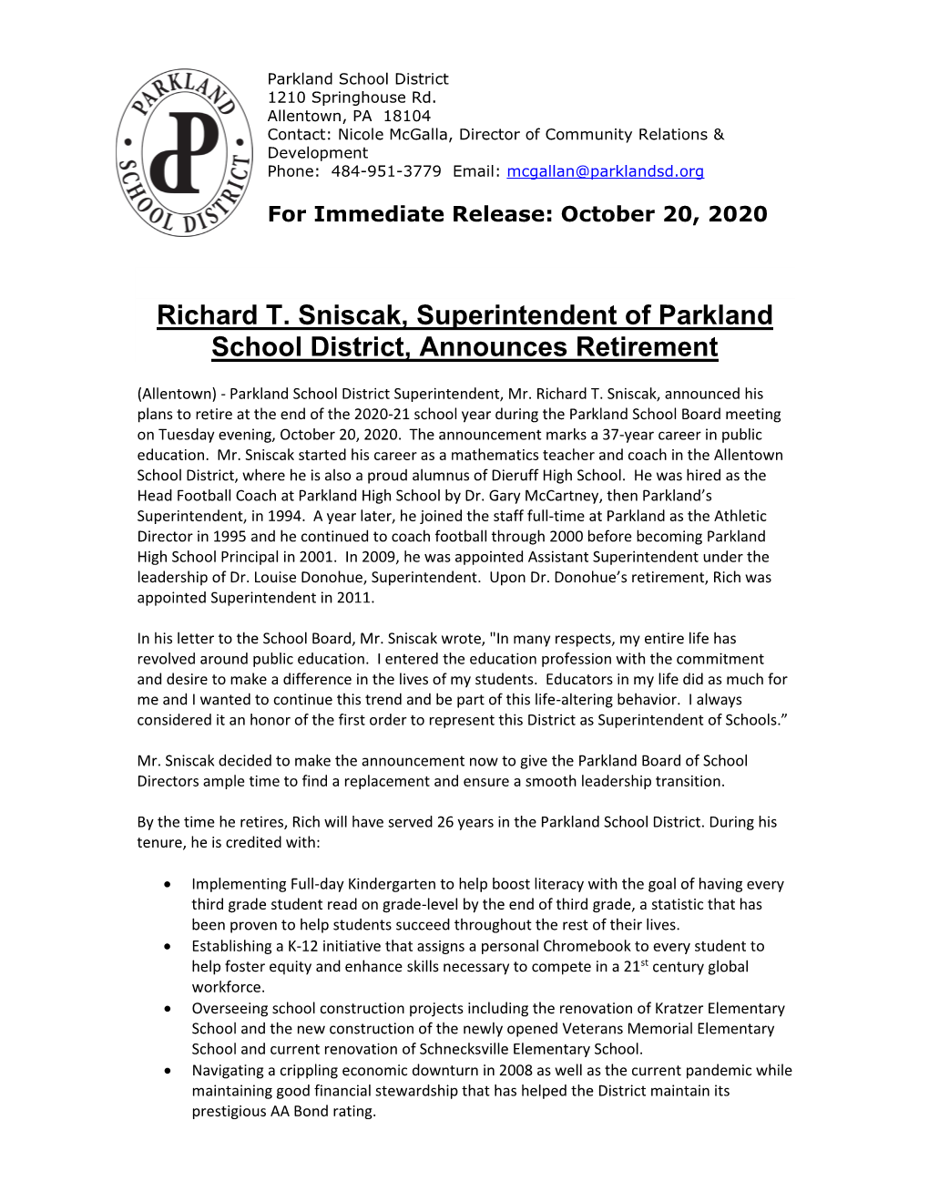 Richard T. Sniscak, Superintendent of Parkland School District, Announces Retirement