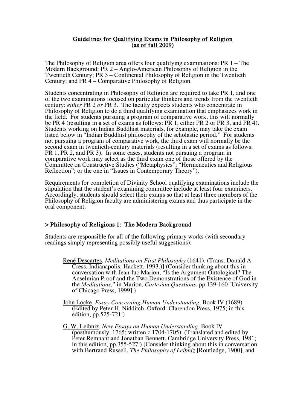 Guidelines for Qualifying Exams in Philosophy of Religion (As of Fall 2009)