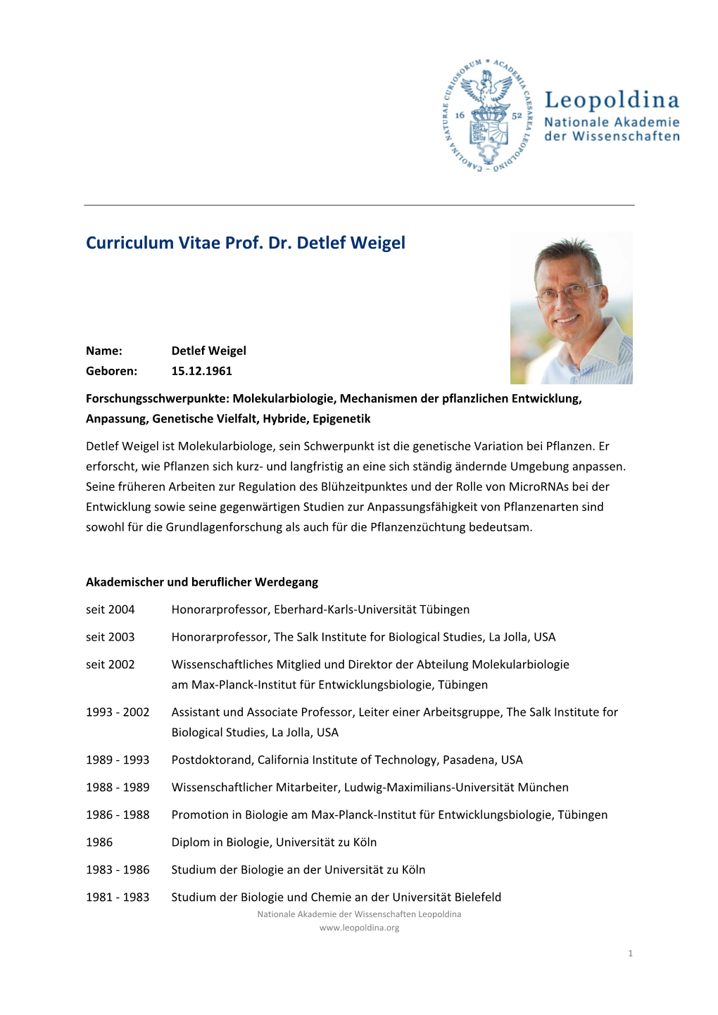 Curriculum Vitae Prof. Dr. Detlef Weigel