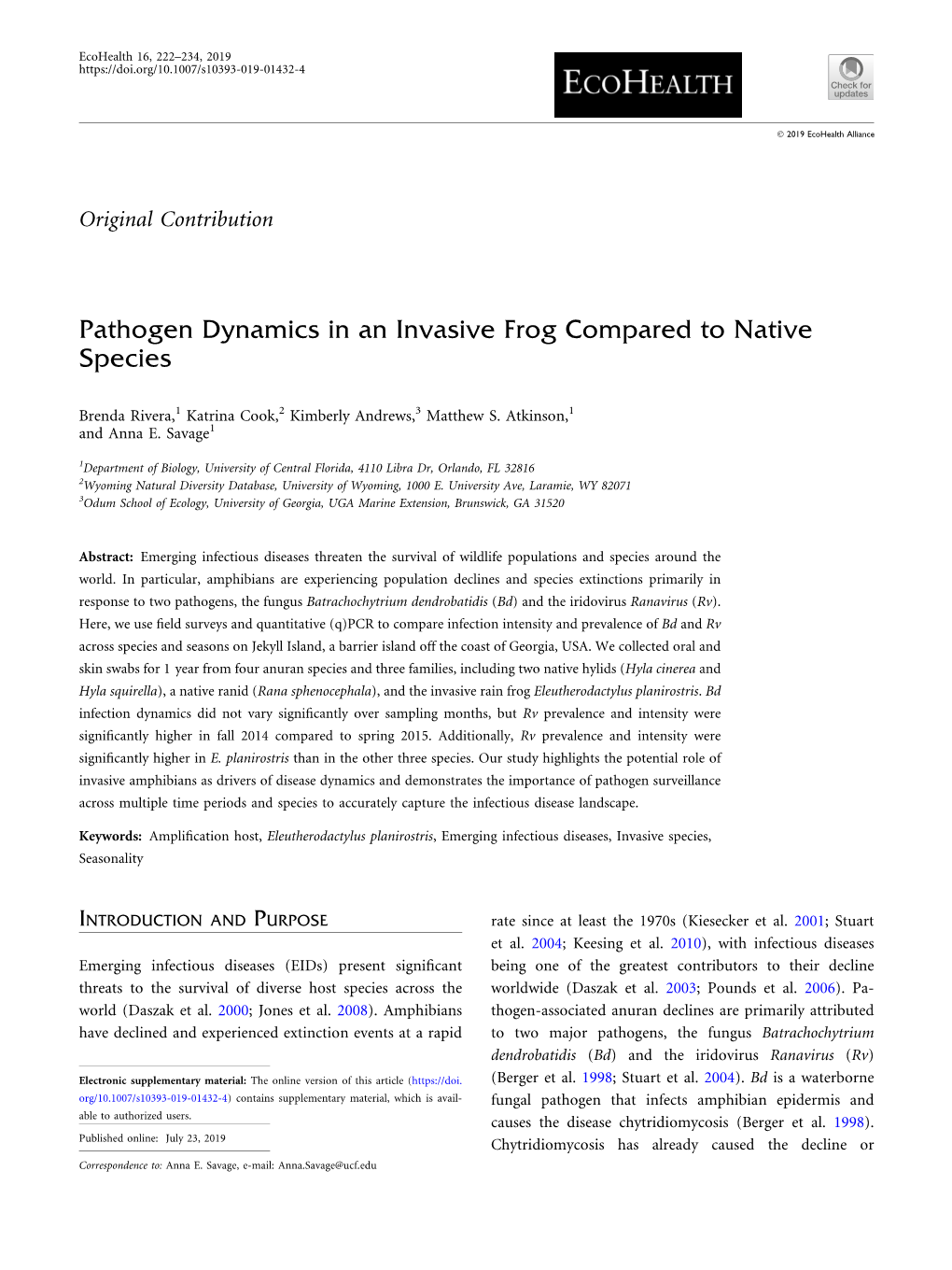 Pathogen Dynamics in an Invasive Frog Compared to Native Species