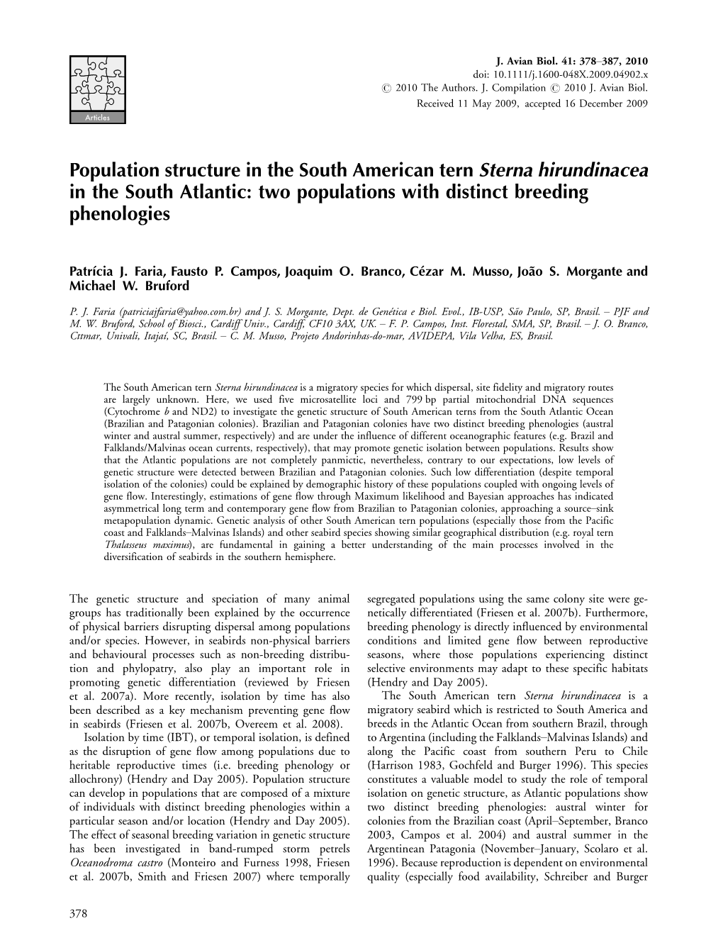 Population Structure in the South American Tern Sterna Hirundinacea in the South Atlantic: Two Populations with Distinct Breeding Phenologies